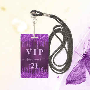 Birthday purple glitter drips vip invitation ID badge
