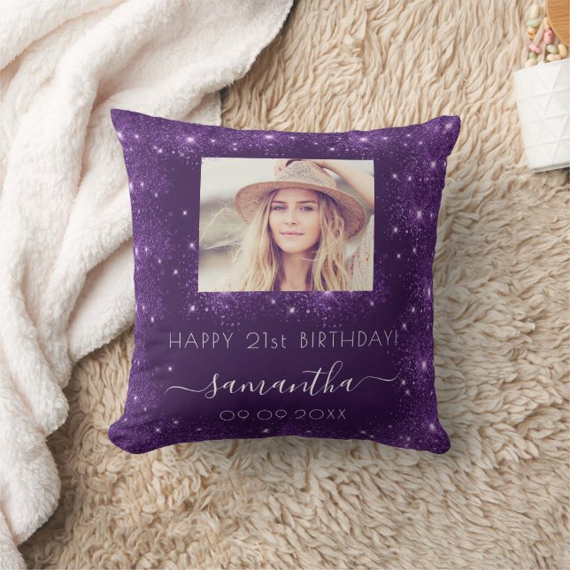 Birthday purple glitter photo name script cushion (Blanket)