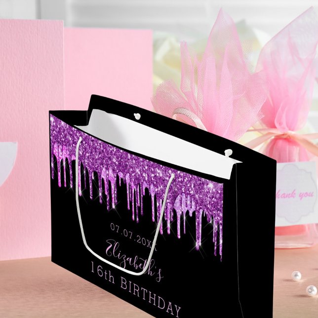 Birthday purple glitter pink drips black monogram large gift bag (Creator Uploaded)