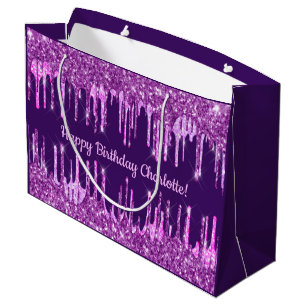 Birthday purple glitter pink drips name glamourous large gift bag