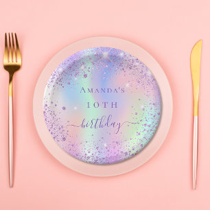 Birthday purple glitter pink holographic name paper plate