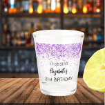Birthday purple glitter sparkles name shot glass<br><div class="desc">For a 21st (or any age) birthday. Transparent background.  Decorated with purple faux glitter,  sparkles.  Personalise and add a date,  name and age.</div>