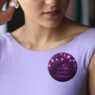 Birthday purple glitter stars custom monogram 3 cm round badge