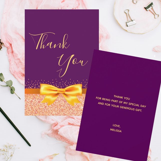 Birthday purple gold bow Thank You card (Creator Uploaded)