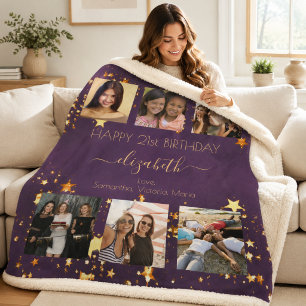 Birthday purple gold friends photo collage sherpa blanket