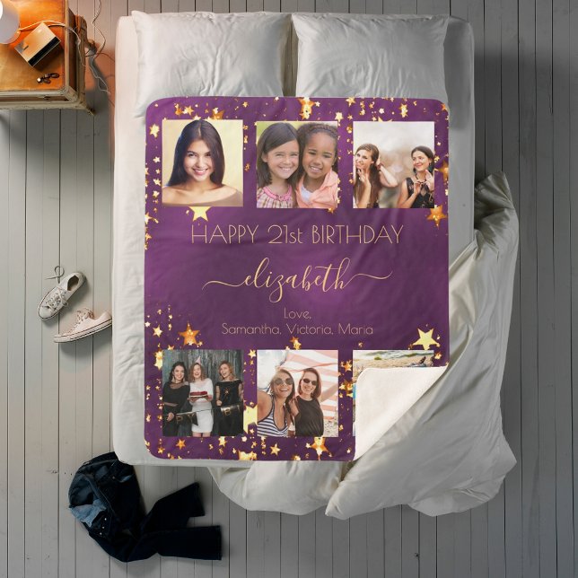 Birthday purple gold friends photo collage sherpa blanket (Creator Uploaded)