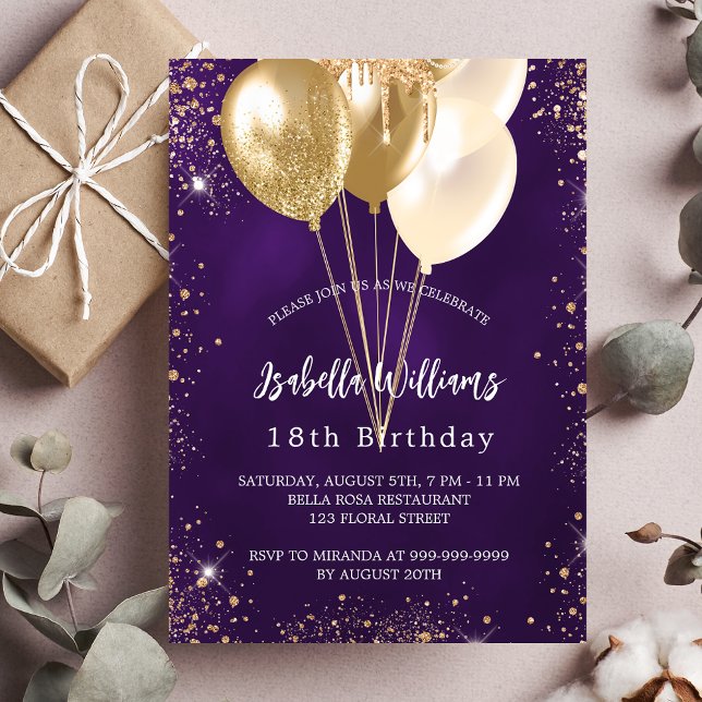 Birthday purple gold glitter balloons invitation (Creator Uploaded)
