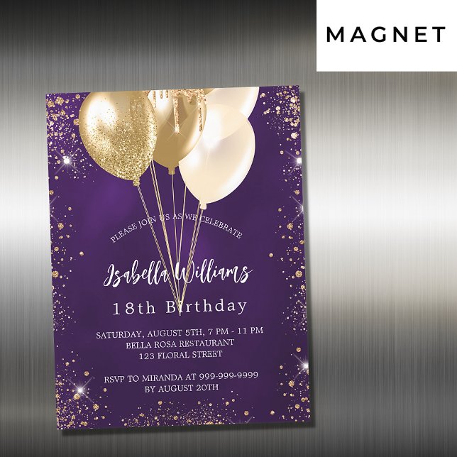 Birthday purple gold glitter balloons luxury magnetic invitation (Creator Uploaded)