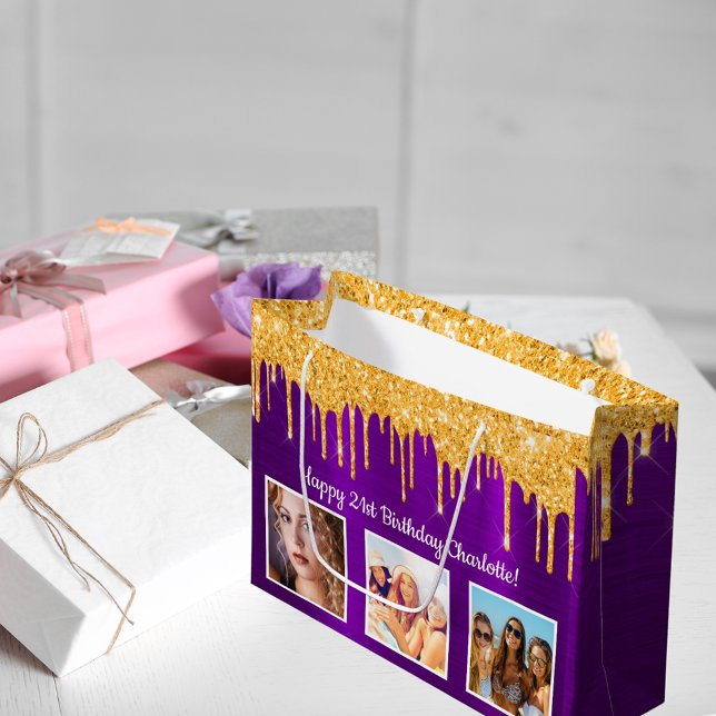 Birthday purple gold glitter drips name photo large gift bag (Creator Uploaded)