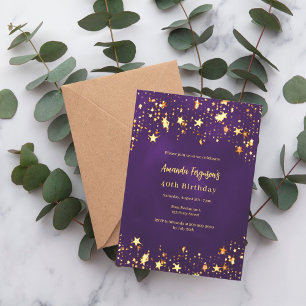 Birthday purple gold stars luxury invitation