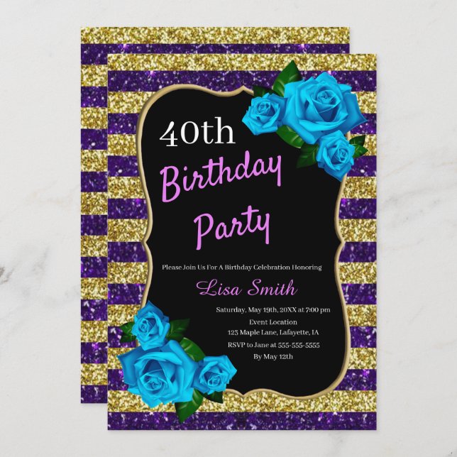 Birthday Purple Gold Stripes Glitter Blue Roses Invitation (Front/Back)