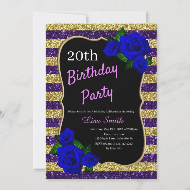 Birthday Purple Gold Stripes Glitter Deep Blue Ros Invitation (Front)