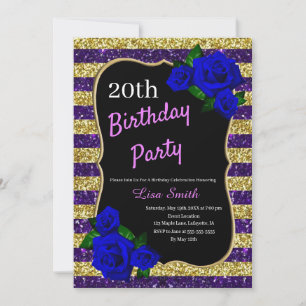 Birthday Purple Gold Stripes Glitter Deep Blue Ros Invitation