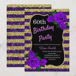 Birthday Purple Gold Stripes Glitter Purple Roses Invitation