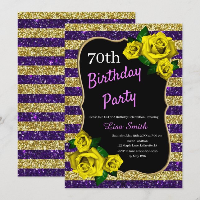 Birthday Purple Gold Stripes Glitter Yellow Roses Invitation (Front/Back)