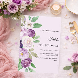 Birthday purple lavender florals blush pink invitation