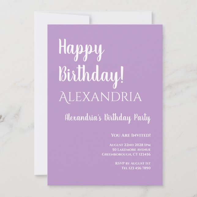 Birthday Purple Lilac Typography Happy Birthday Invitation (Front)