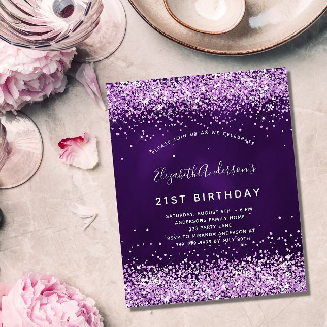 Birthday purple pink glitter budget invitation flyer (Creator Uploaded)