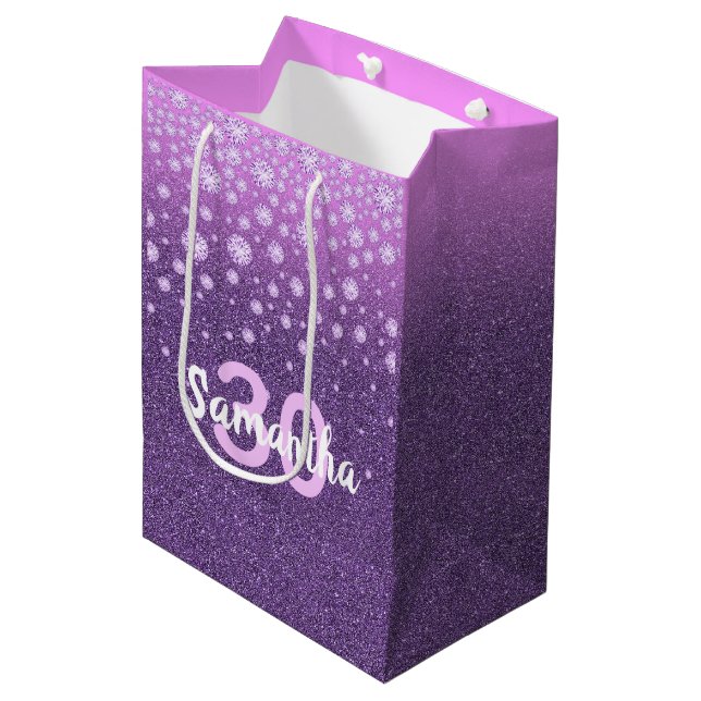 Birthday purple pink glitter diamonds name medium gift bag (Front Angled)
