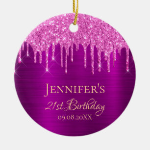 Birthday purple pink glitter drips thank you ceramic ornament