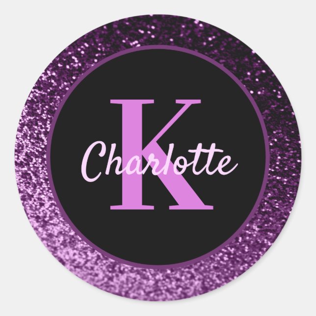 Birthday purple pink glitter monogram luxury classic round sticker (Front)