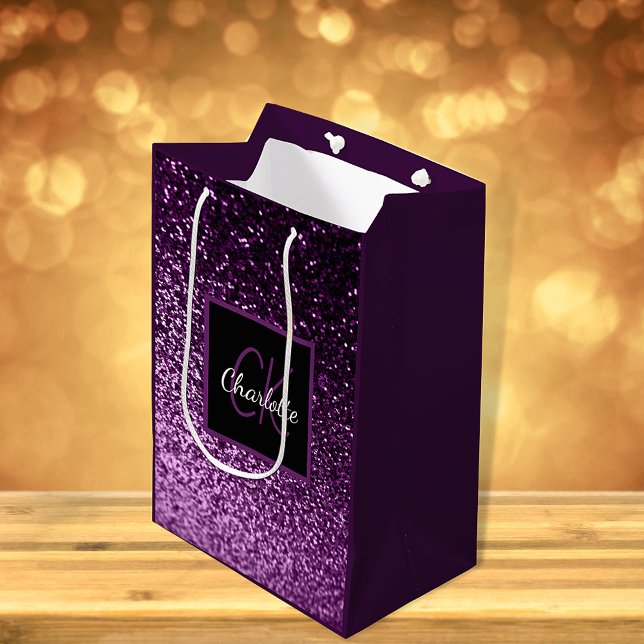 Birthday purple pink glitter monogram luxury medium gift bag (Creator Uploaded)