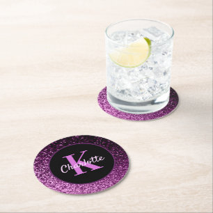 Birthday purple pink glitter monogram luxury round paper coaster
