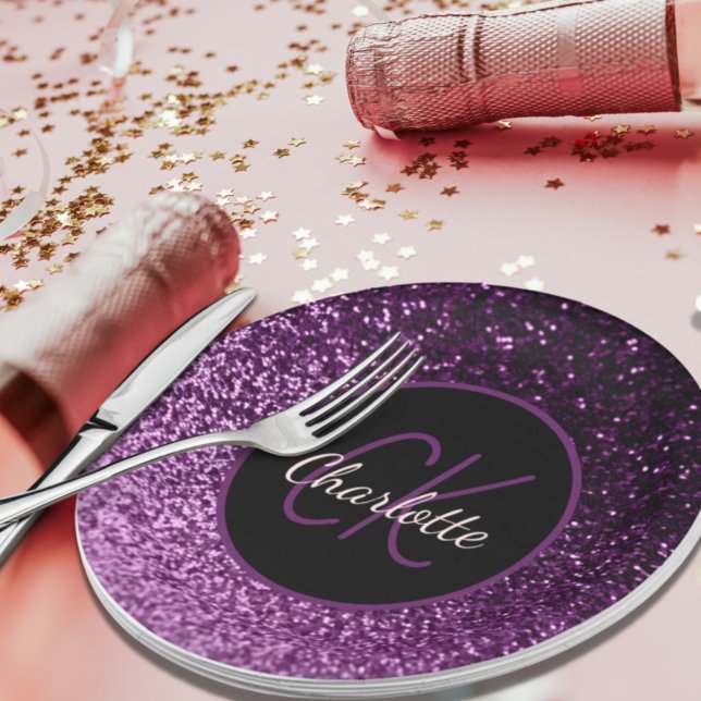 Birthday purple pink glitter monogram paper plate (Creator Uploaded)