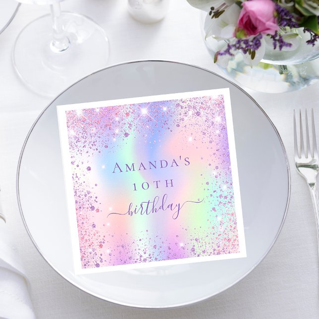 Birthday purple pink holographic name  napkin (Creator Uploaded)