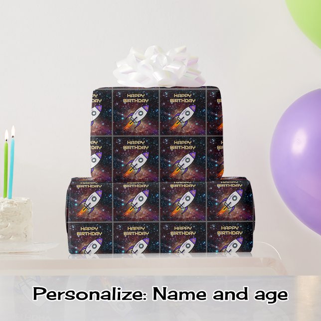 Birthday purple rocket custom name and age wrapping paper (Creator Uploaded)