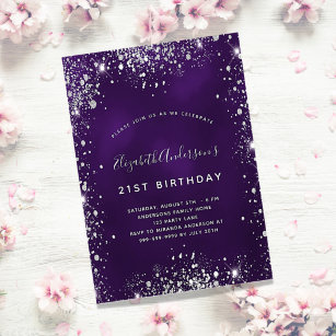 Birthday purple silver glitter glamourous invitation postcard