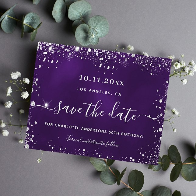 Birthday purple silver glitter save date card (Creator Uploaded)
