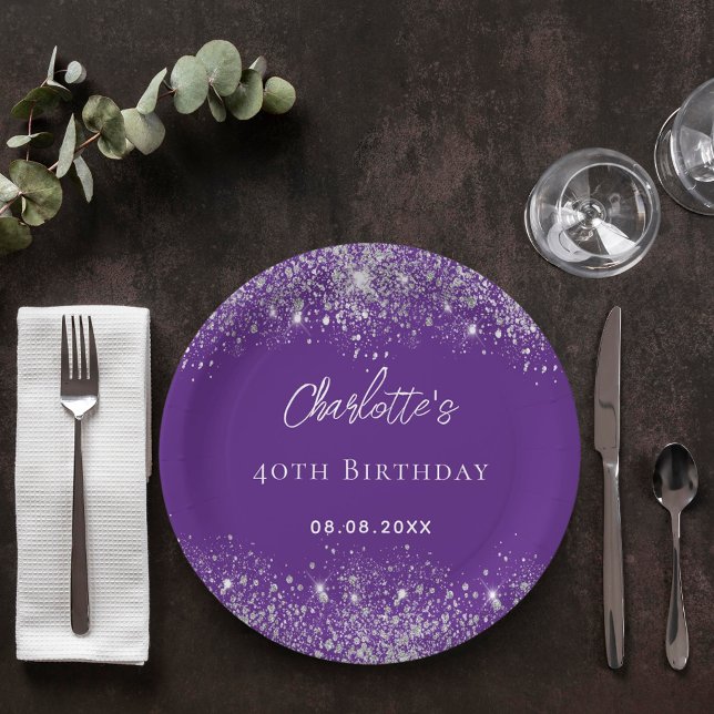 Birthday purple silver glitter sparkles paper plate (Creator Uploaded)