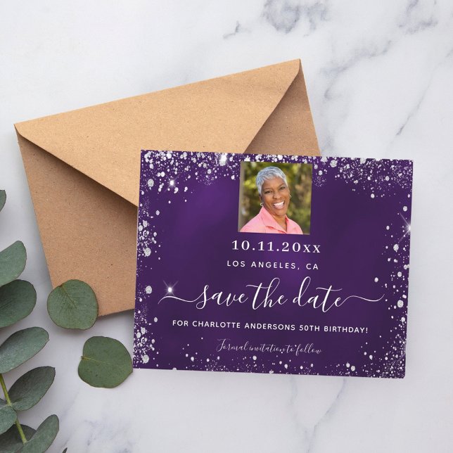 Birthday purple silver photo save date card (Creator Uploaded)