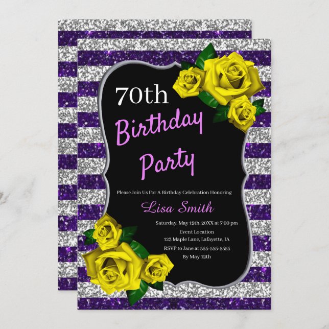 Birthday Purple Silver Stripes Glitter Yellow Rose Invitation (Front/Back)