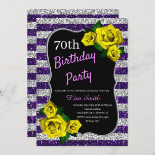 Birthday Purple Silver Stripes Glitter Yellow Rose Invitation