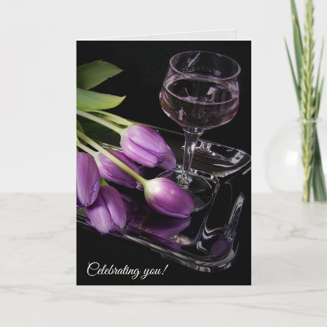 birthday purple tulips and wine card (Front)
