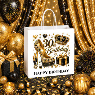 Birthday Queen 30th Gift Bag Black Gold Sparkle Gi