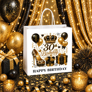 Birthday Queen 30th Gift Bag Gold Black Sparkle Lu