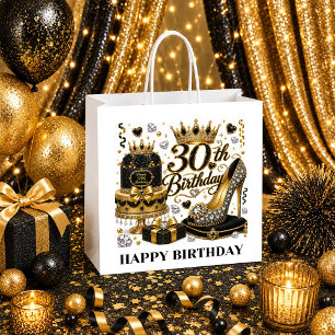 Birthday Queen 30th Gift Bag Gold Black Sparkle Lu