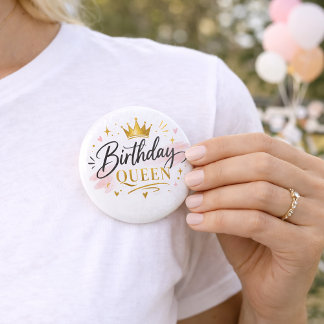 Birthday Queen Elegant Script with Gold Crown 6 Cm Round Badge