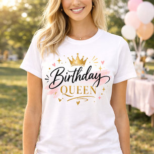 Birthday Queen Elegant Script with Gold Crown T-Shirt