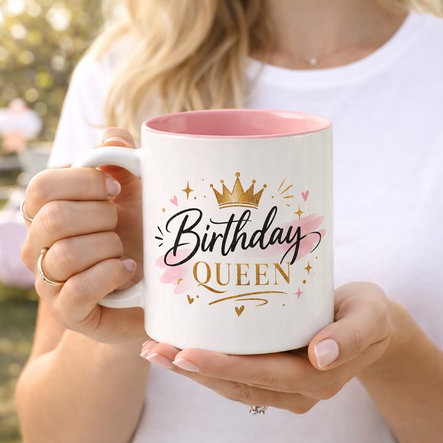 Birthday Queen Elegant Script with Gold Crown Two-Tone Coffee Mug (Creator Uploaded)