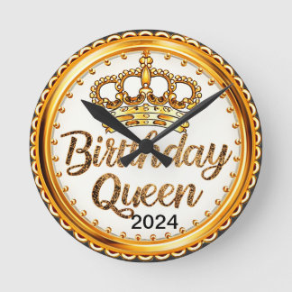 Birthday Queen Gold Crown Party 2024 Girls Bday Round Clock
