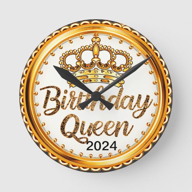 Birthday Queen Gold Crown Party 2024 Girls Bday Round Clock (Front)