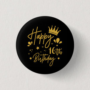 Birthday Queen Gold Glitter Happy 16th Birthday 3 Cm Round Badge