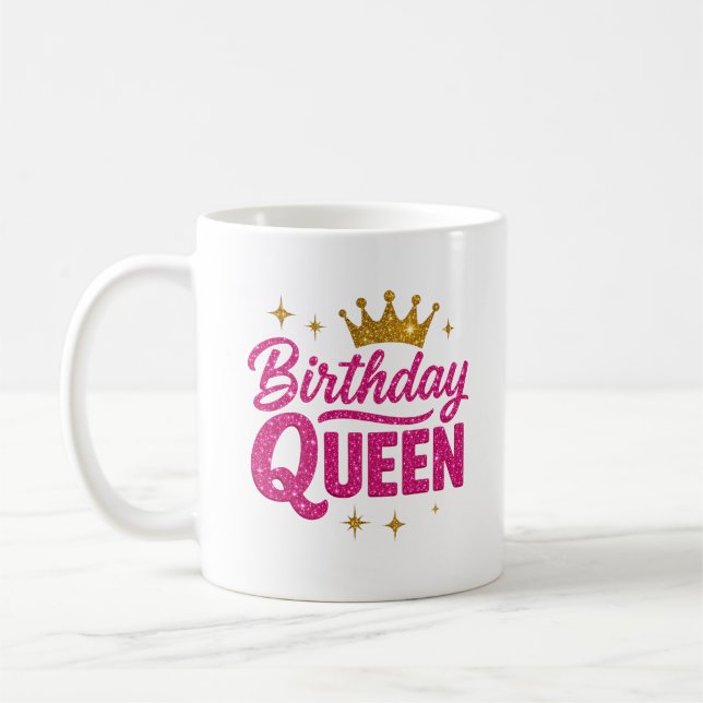 Birthday Queen Mug – Pink Glitter Text & Gold Crow (Left)