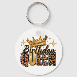 Birthday Queen with Golden Crown Leopard Key Ring