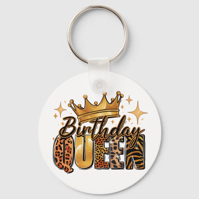 Birthday Queen with Golden Crown Leopard Key Ring (Front)
