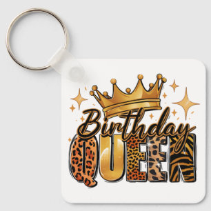 Birthday Queen with Golden Crown Leopard Key Ring
